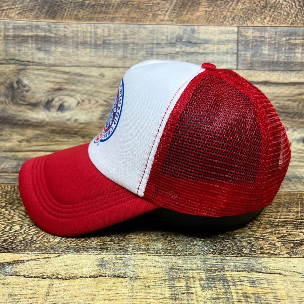 Chicago Cubs Mens Trucker Hat Red Snapback 1937 Wrigley Field Vintage Logo Cap - Picture 4 of 8